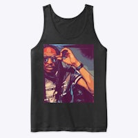 a black tank top with a picture of a man wearing sunglasses